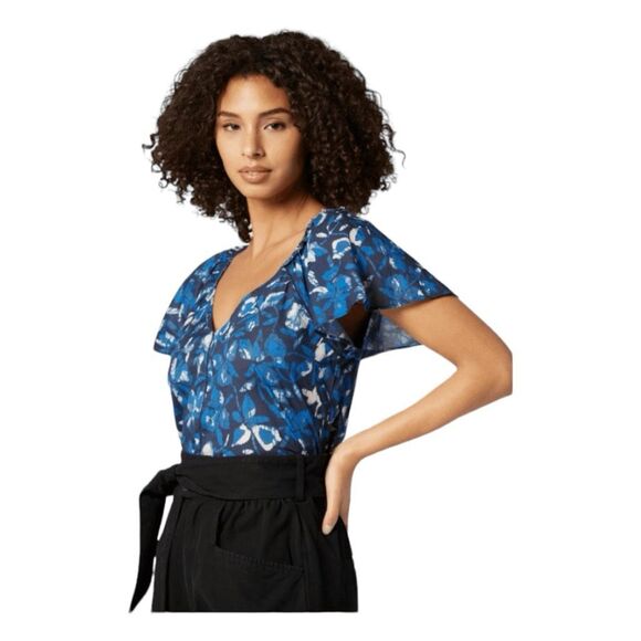 Joie Katya Floral Print Blouse Navy Blazer Blue Flutter Short Sleeves V-Neck S - Picture 3 of 11